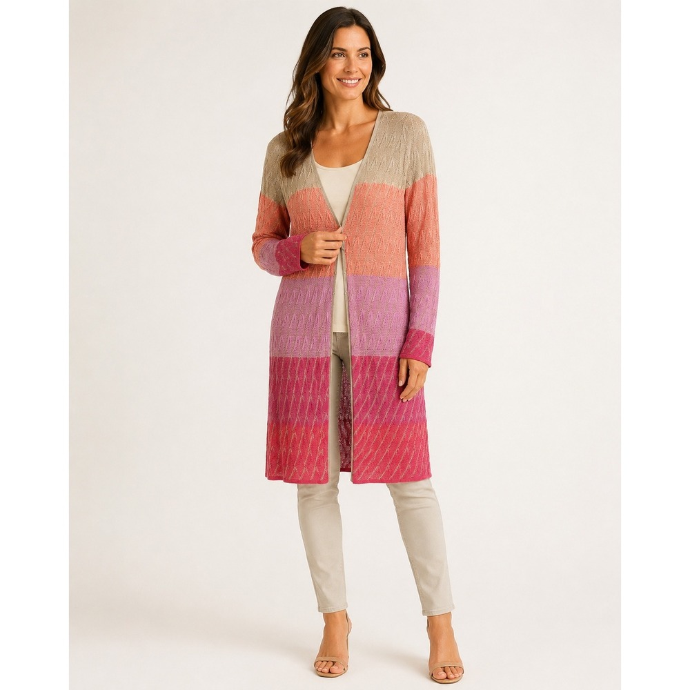 Skies Are Blue Duster Cardigan Sweater Womens Medium Peach Pink Gold Rayon‎